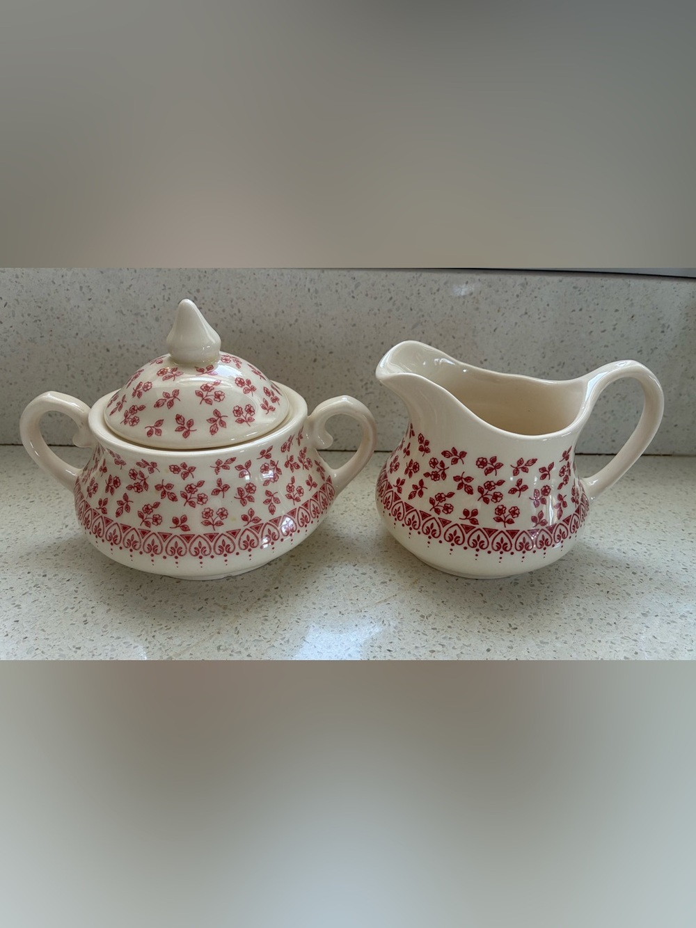 Staffordshire Ironstone Red Provence Sugar Bowl with Cover and Creamer
